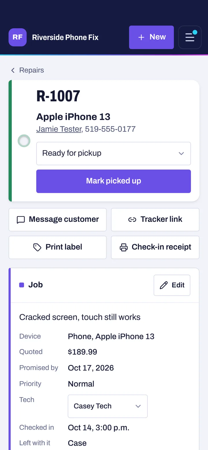 Nomad Repairs on a phone: a repair that's ready for pickup, with the customer, a Mark picked up button and the job details.