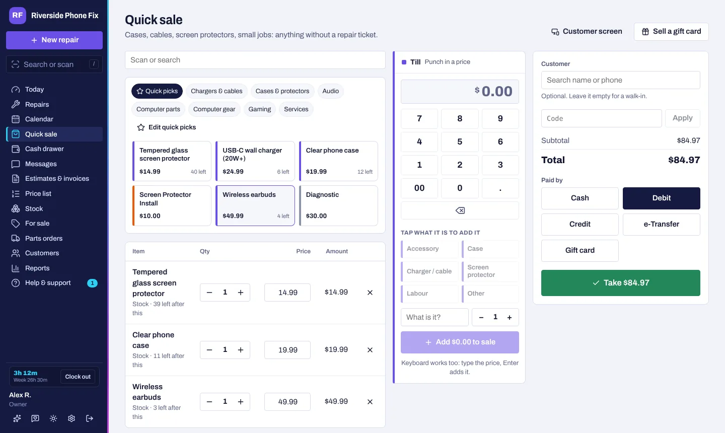 Quick sale with tap-to-add buttons.