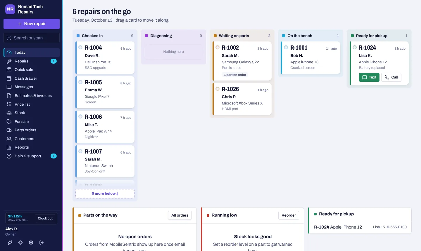 The job board: every repair as a tag, from Checked in to Ready for pickup.